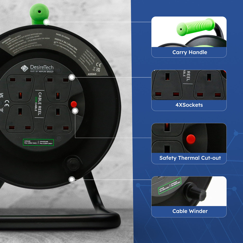 Desiretech Heavy-Duty Portable Cable Reel Extension Lead – 4 Shuttered Sockets, Thermal Cut-Out, Ergonomic Handle, Green/Black – Robust Extension Cord for Indoor Use – image 29