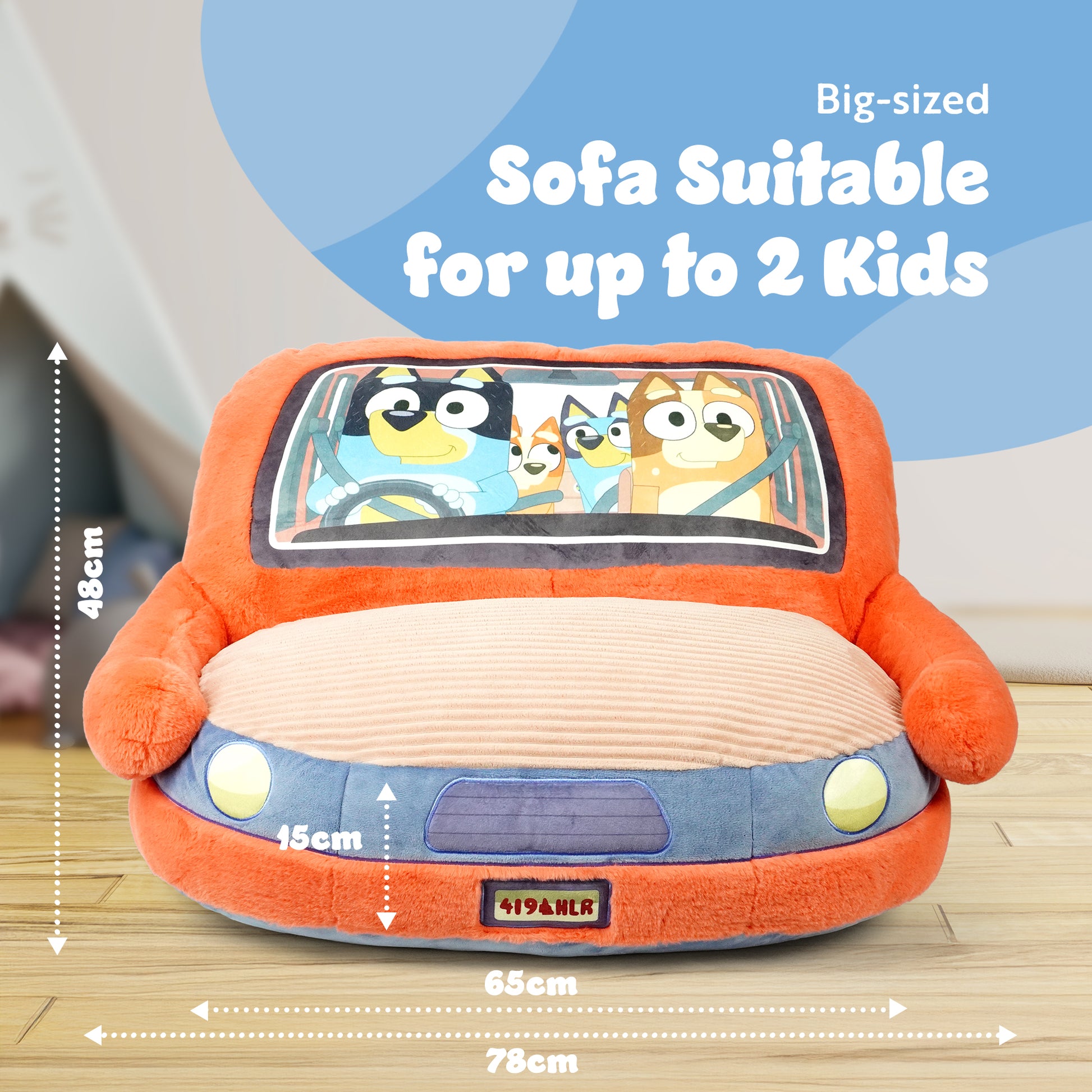 Children's plush Bluey car armchair – durable safe seating for toddlers ages 3+
