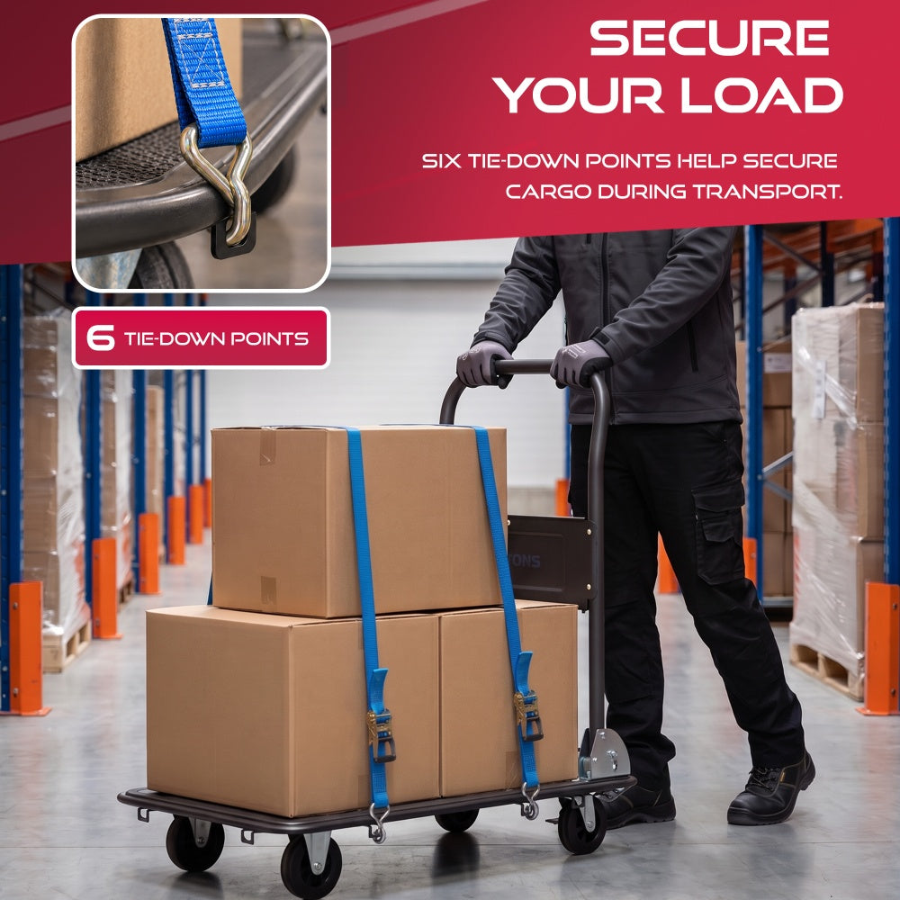 Haltons platform trolley with boxes secured by blue ratchet straps using the six deck tie-down points