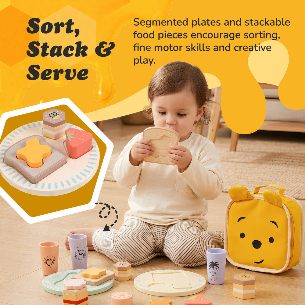 Toddler role play picnic toy with Winnie the Pooh themed wooden pieces