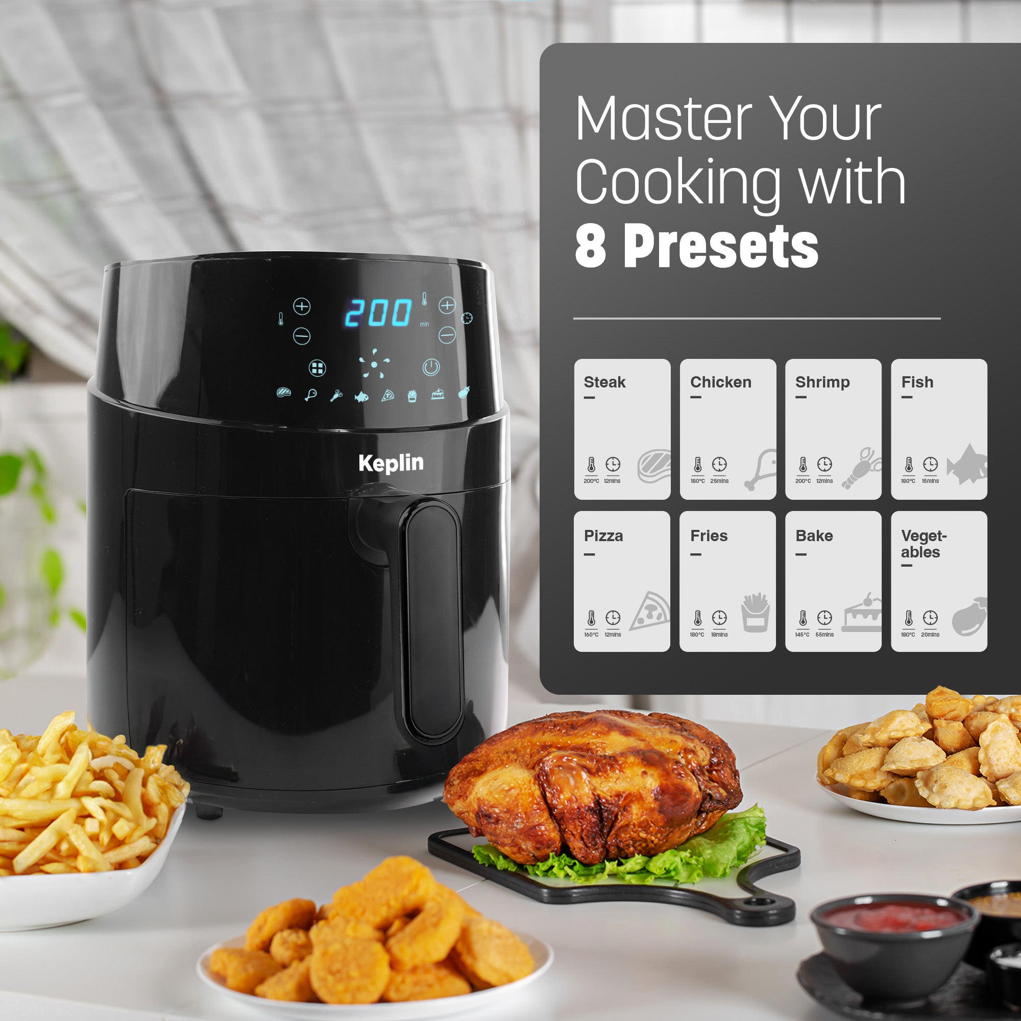 Keplin 4.3L Dual Zone Air Fryer - 2850W Energy-Saving Cooker with 6 Cooking Functions - Extra-Large Capacity for Healthy Meals - Roast, Bake, Dehydrate, Crisp - Family Size