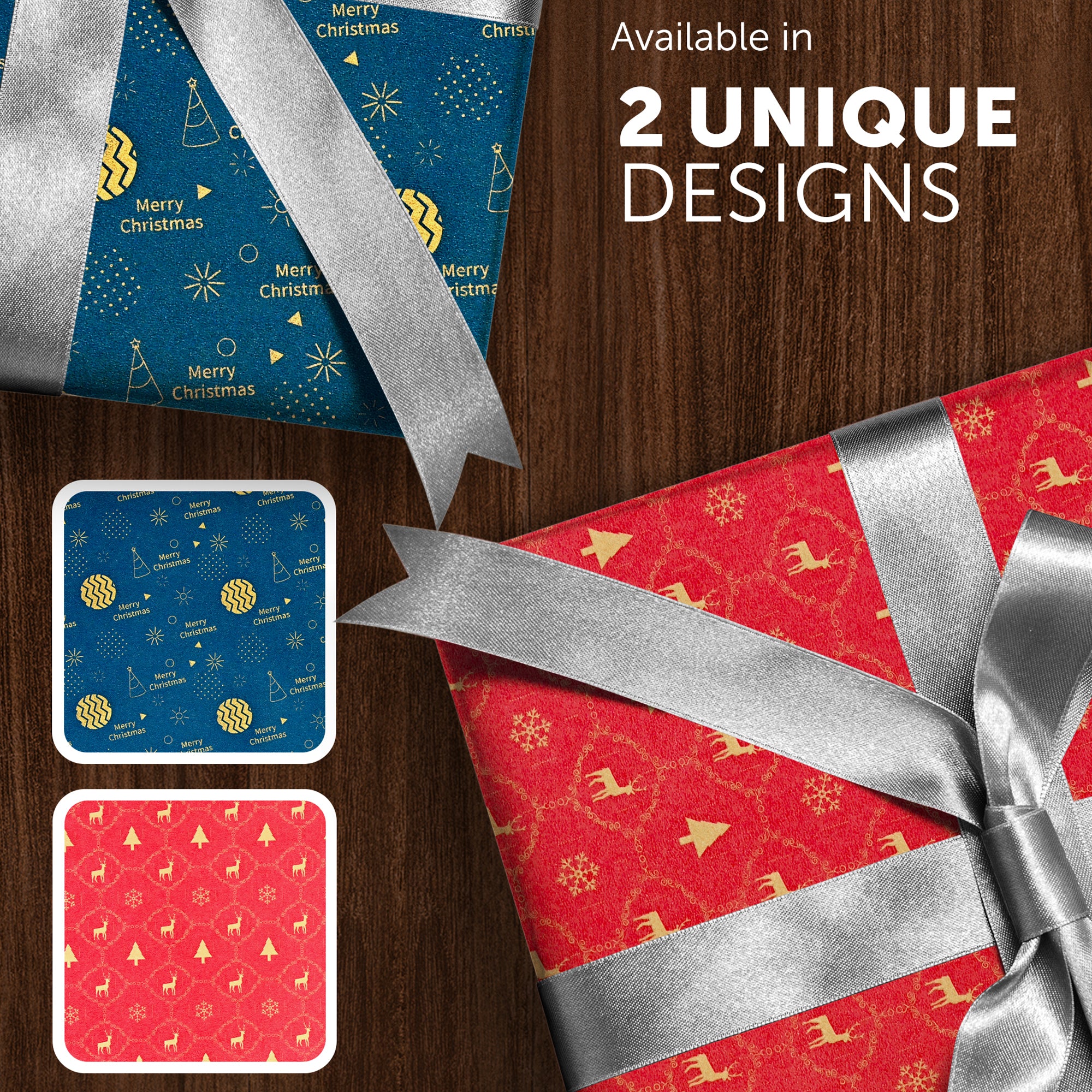 Kraft & Co 2 Pack Christmas Wrapping Paper Roll - Festive Designed Recyclable Kraft Paper, Perfect for Holiday Gifts, Arts & Crafts-Wrapping for a Merry Christmas (44.5cm x 25m)