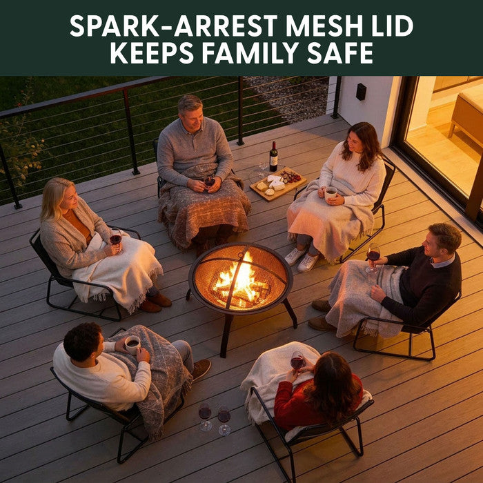 Spark guard lid on portable fire pit for safe outdoor use