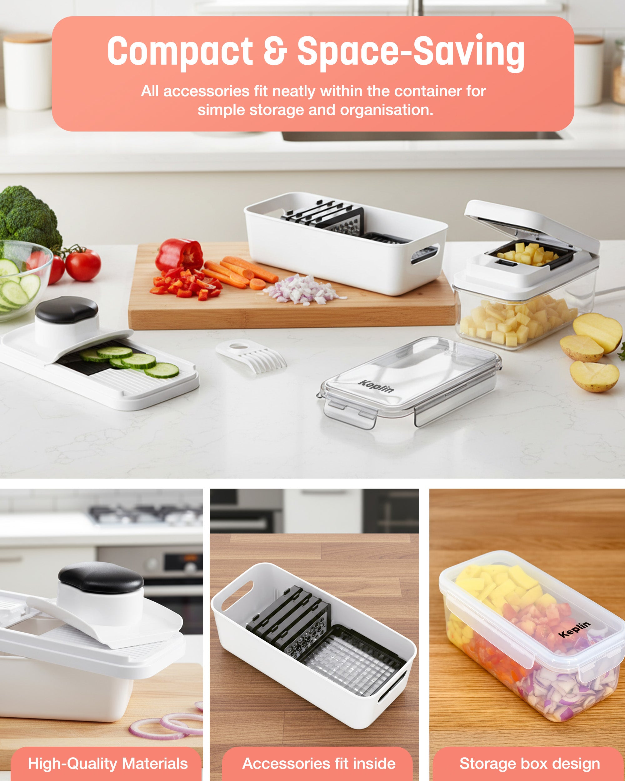 Keplin - 7-in-1 Vegetable Chopper with Container - Multi-Functional Slicer, Dicer & Grater - BPA Free, Dishwasher Safe, Non-Slip Base, Food-Grade ABS & Stainless Steel Blades