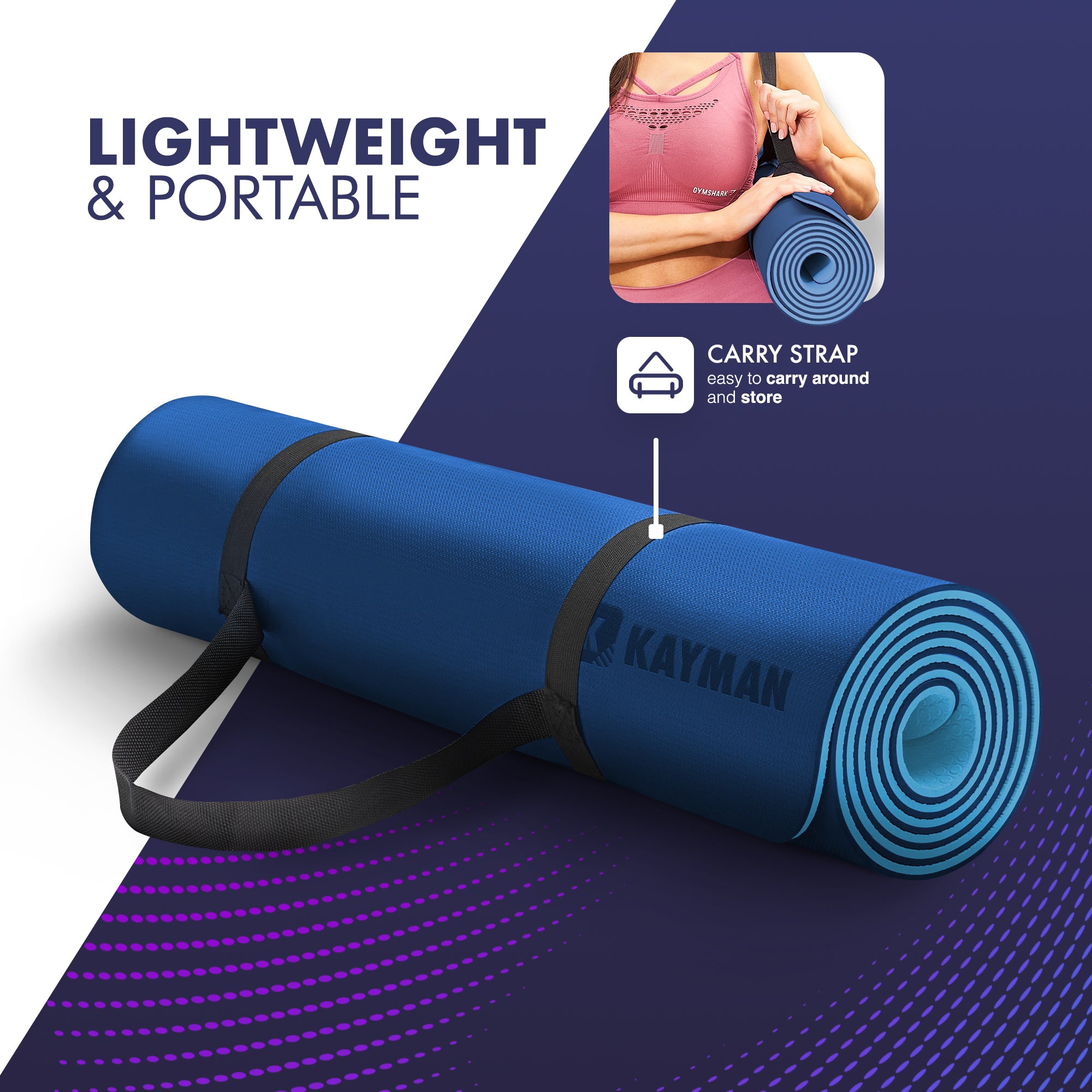 KAYMAN Yoga & Exercise Mat with Carry Strap, Large Non-Slip Comfortable Training & Workout Floor Mat for Home or Outdoor, Gym, Pilates, Gymnastics, HiiT, Stretching & Meditation