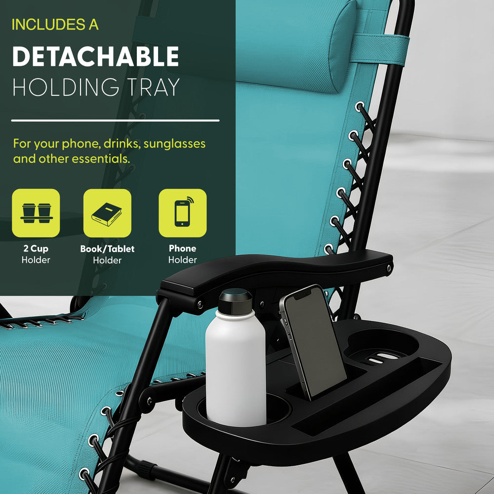 KEPLIN Set of 2 Heavy Duty Monocolour and Basic Textoline Zero Gravity Chairs for Garden Light Reclining Patio Sun loungers Easy to Clean Adjustable Head Rest Foldable with Cup & Phone Holder