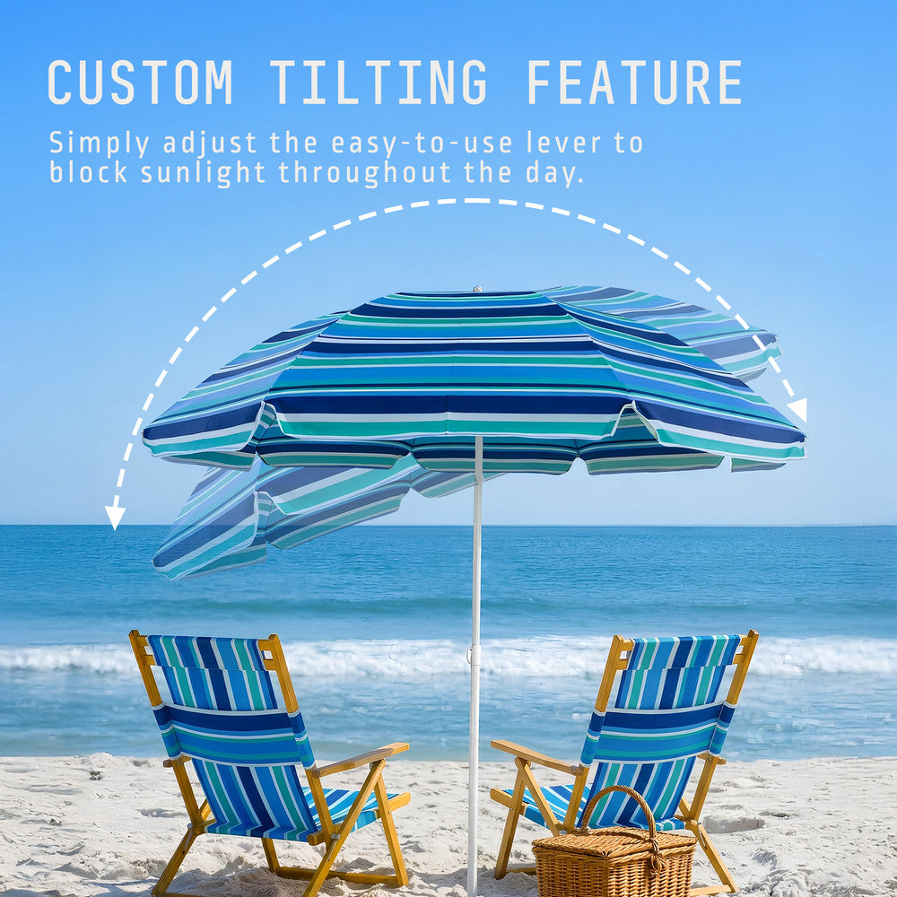 Striped beach umbrella folded with carry bag – compact portable 1.6m Voyager travel parasol, UK