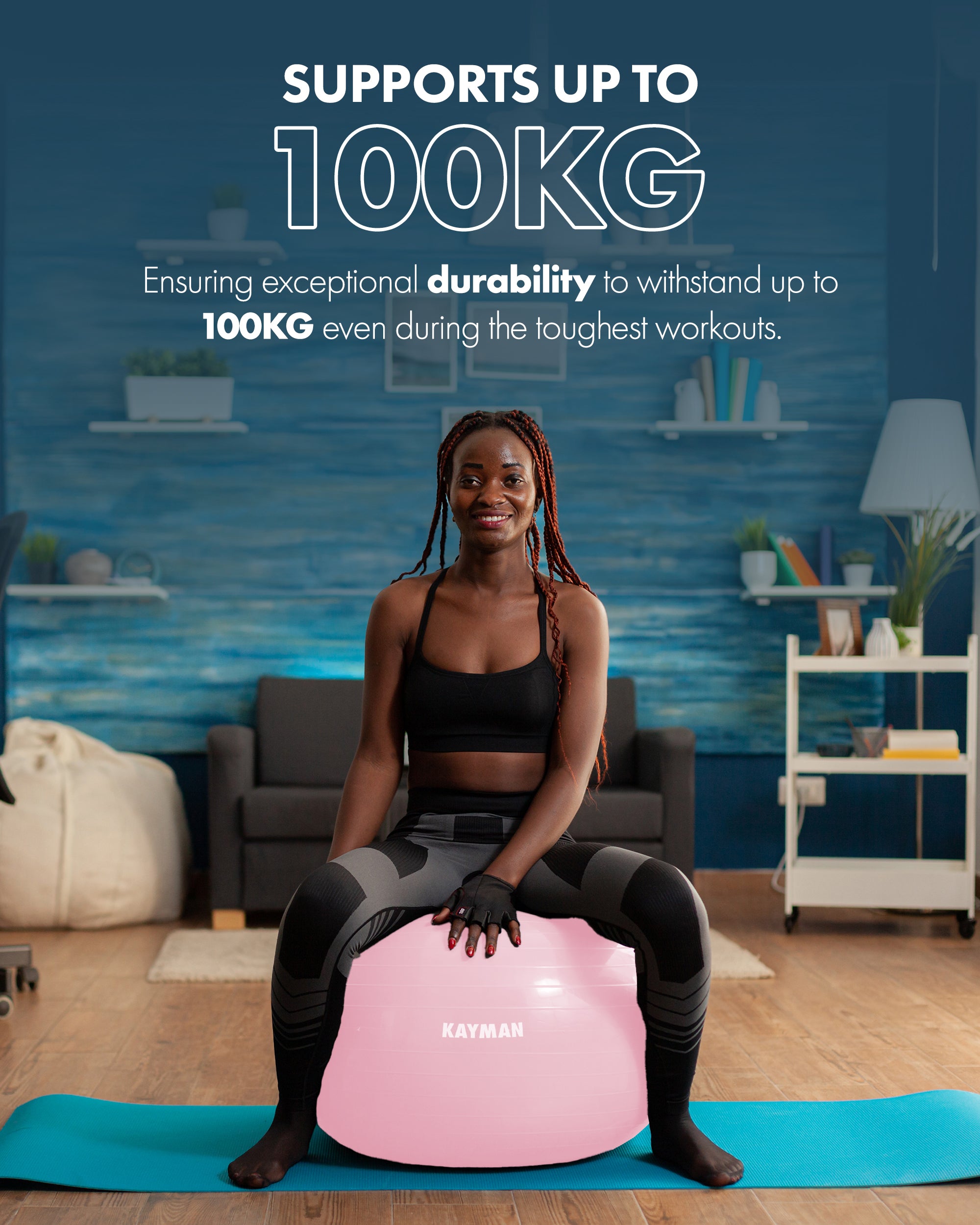 KAYMAN Exercise Ball - Anti-Burst System, Non-Slip Rings, Durable Material, Easy to Inflate, Ideal for Yoga, Pilates, Fitness, Balance Training, Gym, and Home Workouts