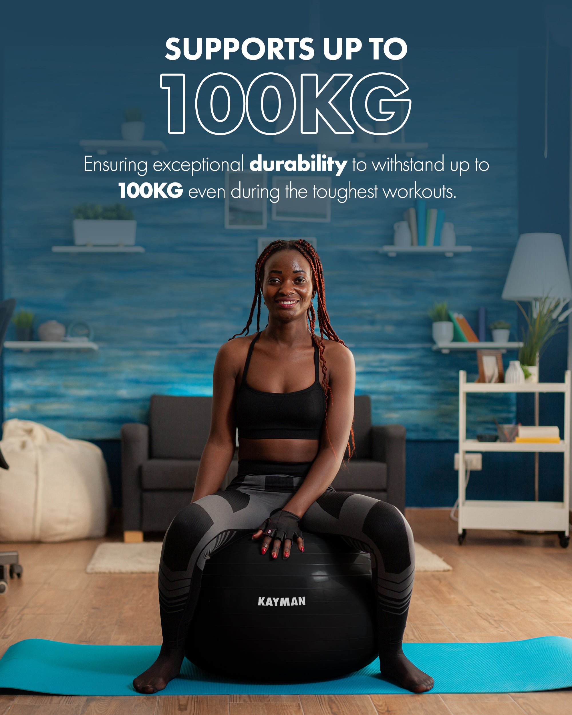 KAYMAN Exercise Ball - Anti-Burst System, Non-Slip Rings, Durable Material, Easy to Inflate, Ideal for Yoga, Pilates, Fitness, Balance Training, Gym, and Home Workouts