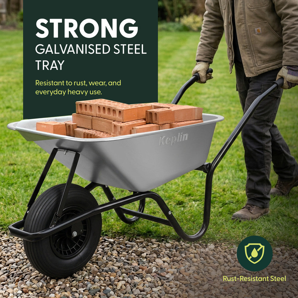 Garden wheelbarrow with steel frame and rubber components – 150kg capacity for building materials