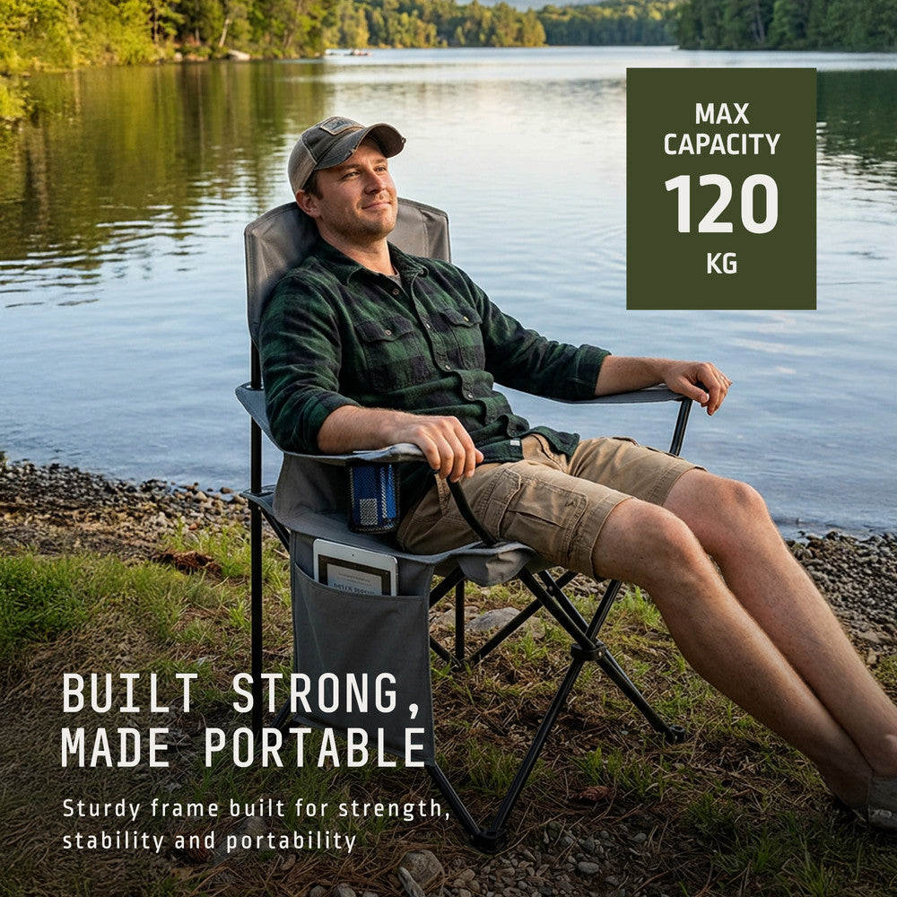 Grey folding camping chairs with side storage pocket – holds phone, book or magazine for outdoor comfort