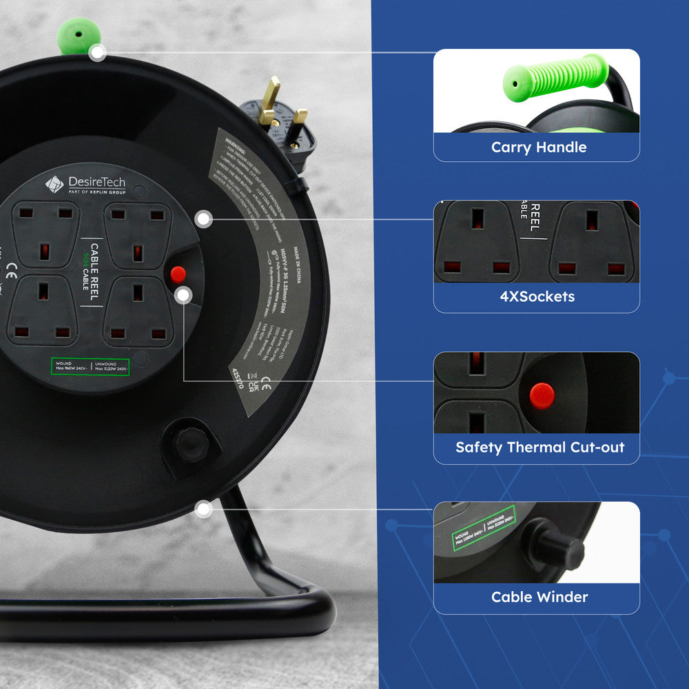 Desiretech Heavy-Duty Portable Cable Reel Extension Lead – 4 Shuttered Sockets, Thermal Cut-Out, Ergonomic Handle, Green/Black – Robust Extension Cord for Indoor Use