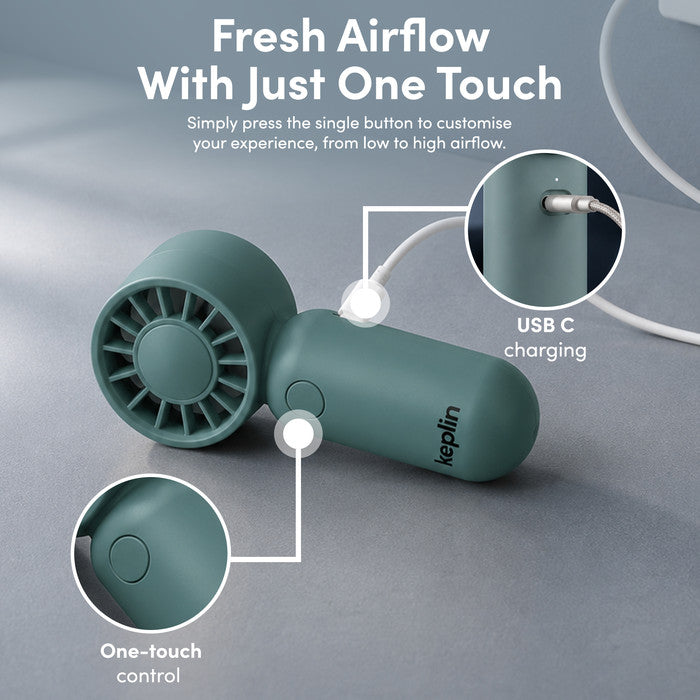 KEPLIN mini fan one-touch speed control button and USB-C fast charging port close-up