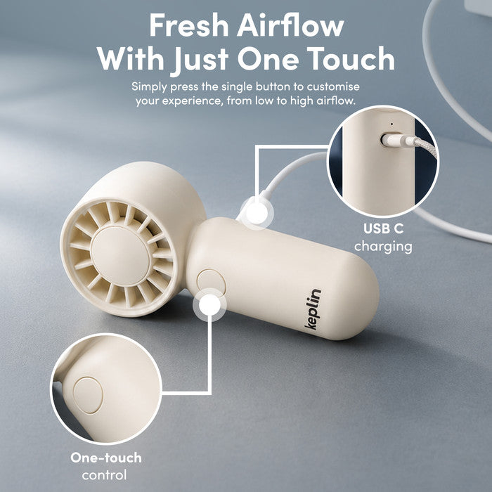 KEPLIN mini fan one-touch speed control button and USB-C fast charging port close-up