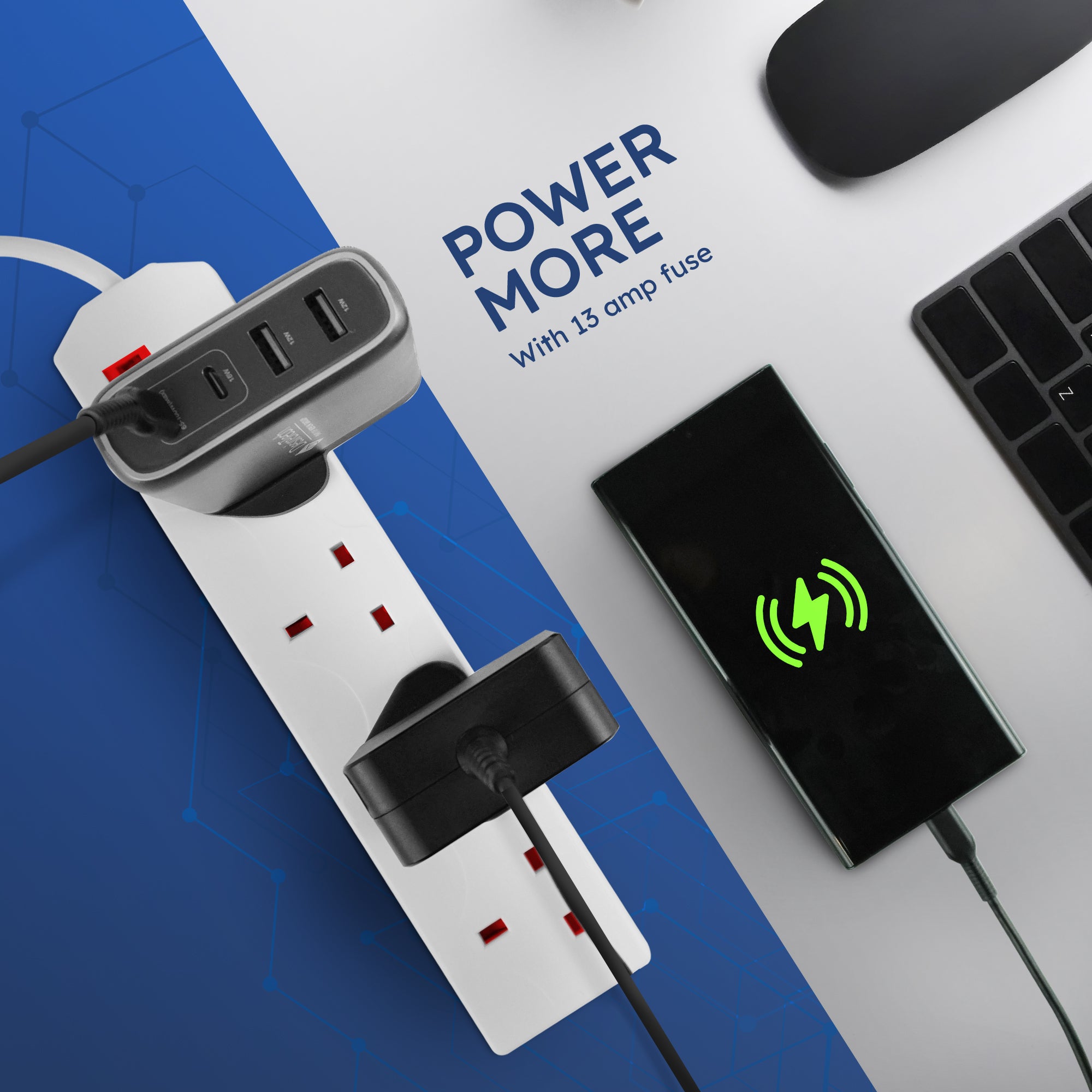 Desiretech Electric Extension Lead - 4 Gang, UK Plug & 3 Pin Socket - Wall Mountable & Multi Socket Mains Strip for Home, Bedroom, Kitchen, & Office (1 Pack)