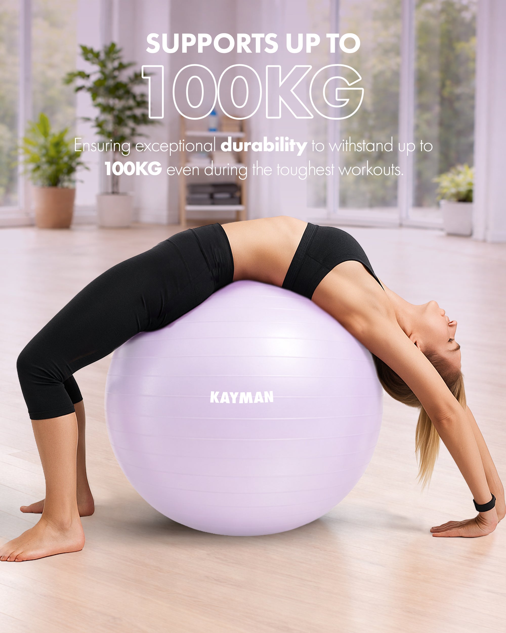 KAYMAN Exercise Ball - Anti-Burst System, Non-Slip Rings, Durable Material, Easy to Inflate, Ideal for Yoga, Pilates, Fitness, Balance Training, Gym, and Home Workouts