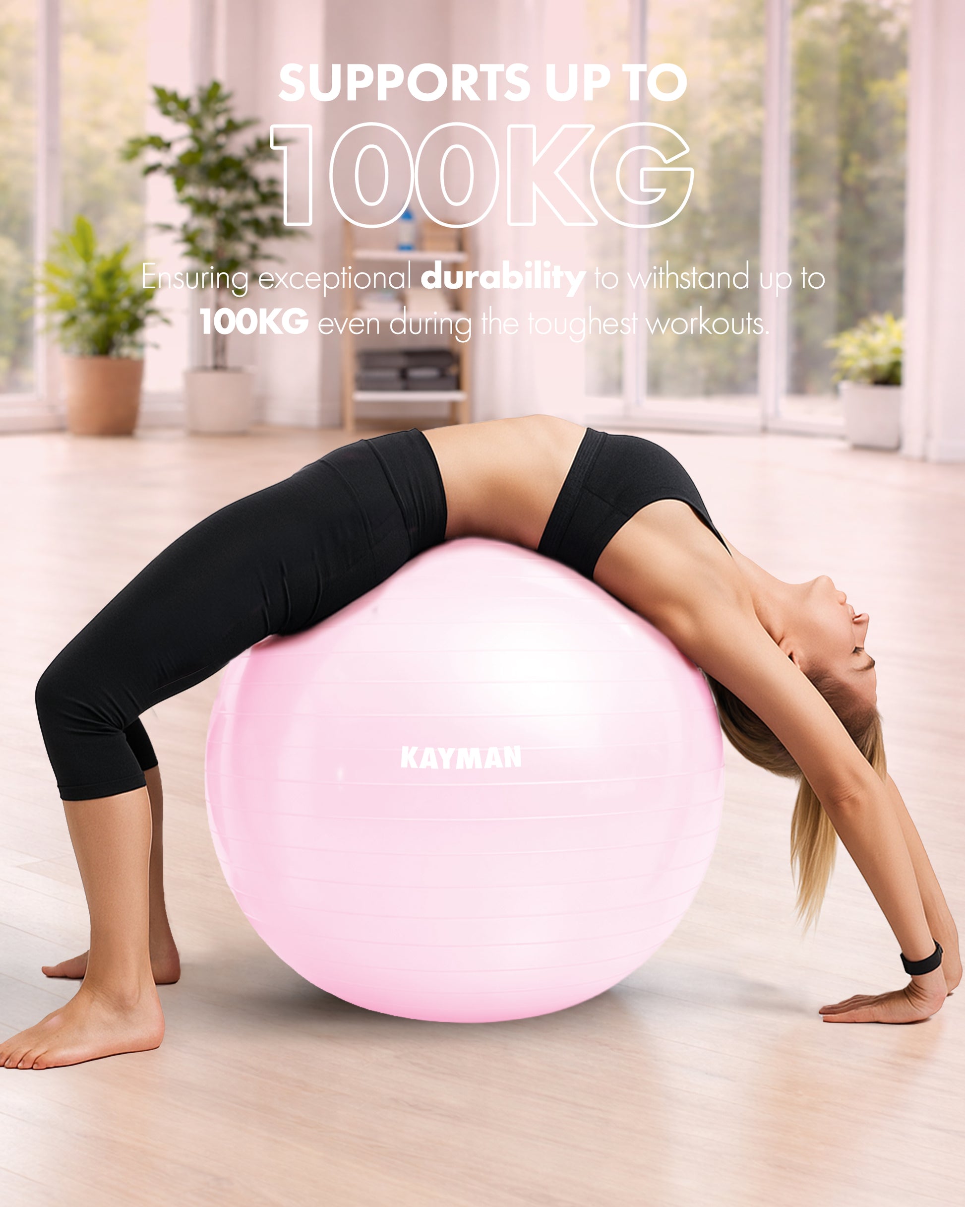 KAYMAN Exercise Ball - Anti-Burst System, Non-Slip Rings, Durable Material, Easy to Inflate, Ideal for Yoga, Pilates, Fitness, Balance Training, Gym, and Home Workouts