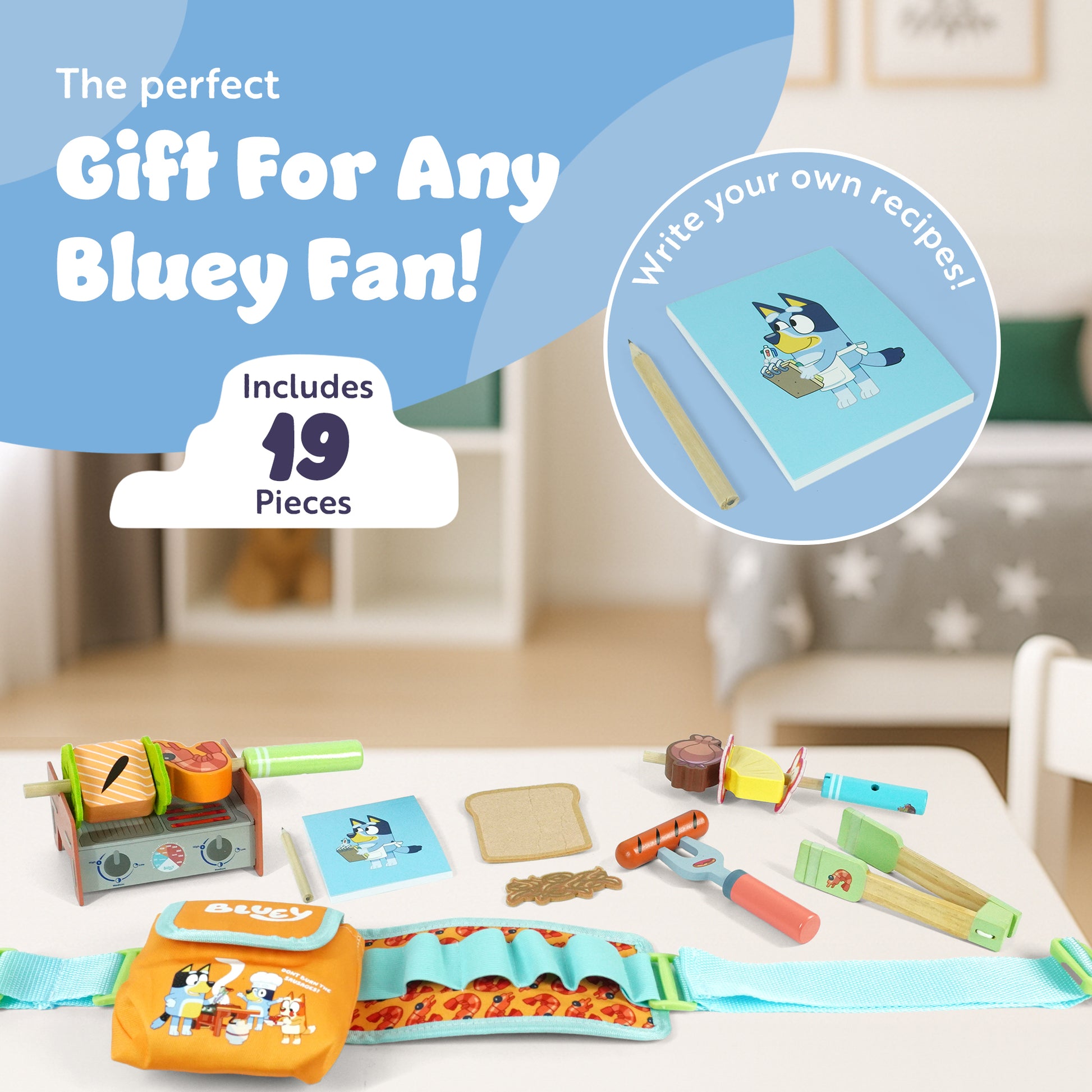 Bluey BBQ belt set with shrimp, salmon and vegetable pieces – kids roleplay barbecue toy UK