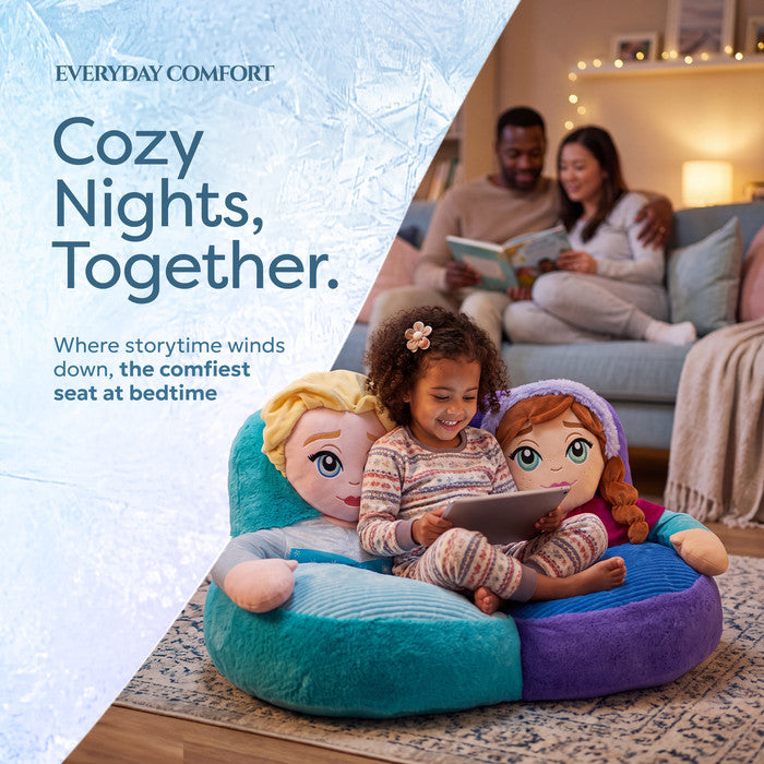 Toddler using a tablet on Disney Frozen Elsa and Anna sofa, family living room setting
