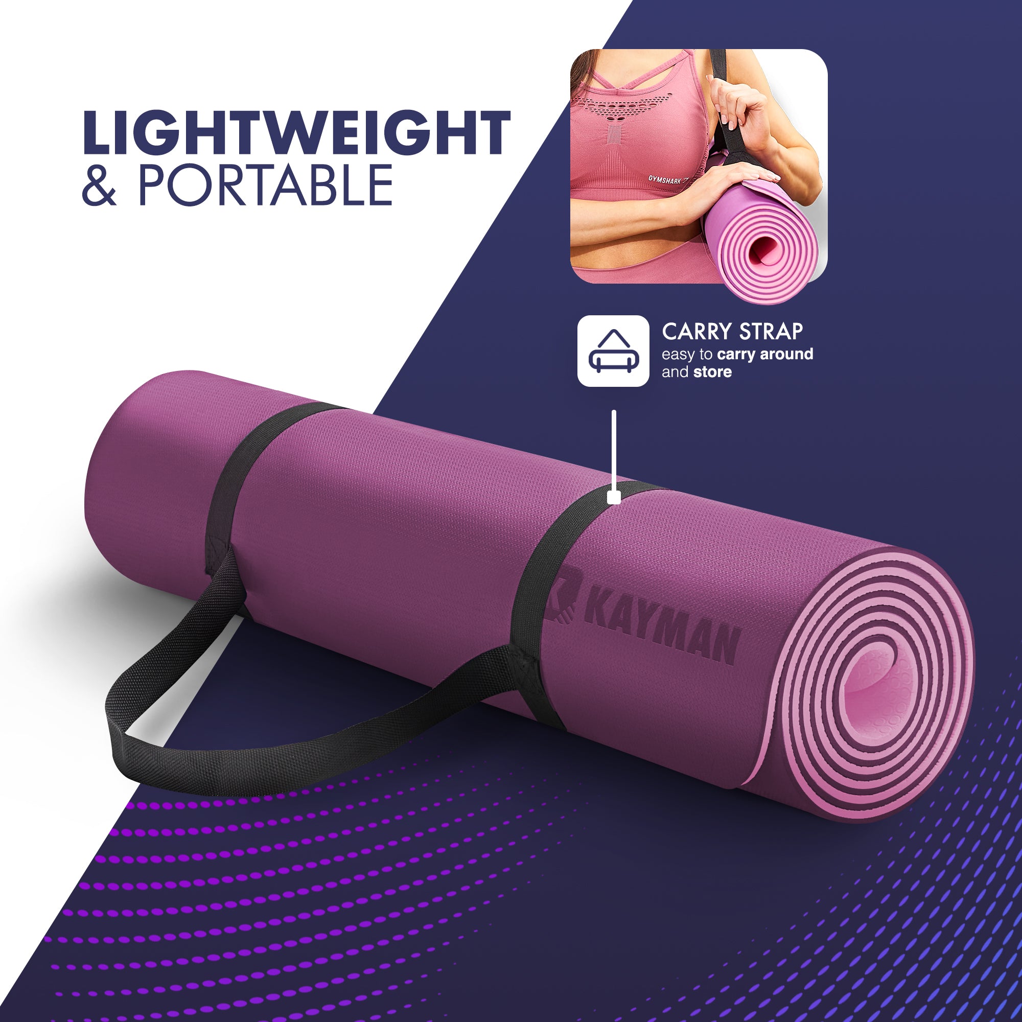 KAYMAN Yoga & Exercise Mat with Carry Strap, Large Non-Slip Comfortable Training & Workout Floor Mat for Home or Outdoor, Gym, Pilates, Gymnastics, HiiT, Stretching & Meditation