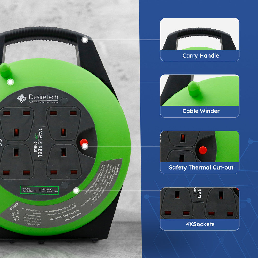 Desiretech Heavy-Duty Portable Cable Reel Extension Lead – 4 Shuttered Sockets, Thermal Cut-Out, Ergonomic Handle, Green/Black – Robust Extension Cord for Indoor Use – image 15