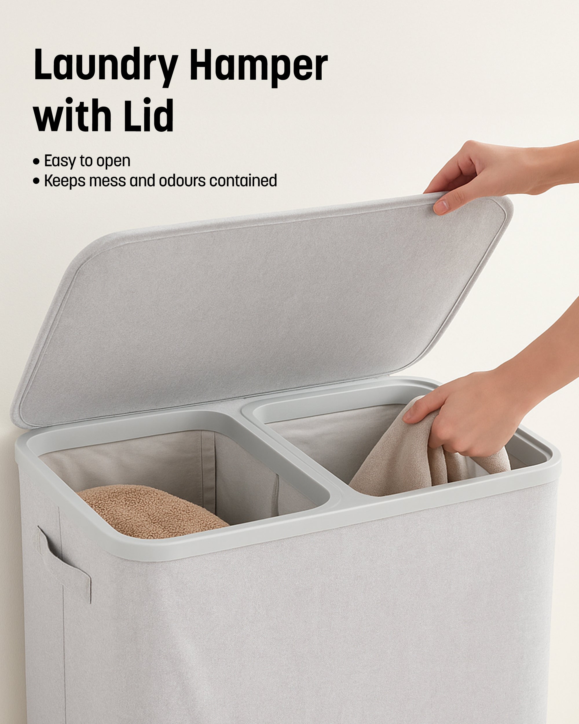 Keplin Collapsible Laundry Basket with Lid – 2 Section Clothes Sorter Hamper 150L – Large Fabric Washing Bin with Removable Liner, Handles & Bottom Strap – Foldable Grey Laundry Organizer 56x40x67cm