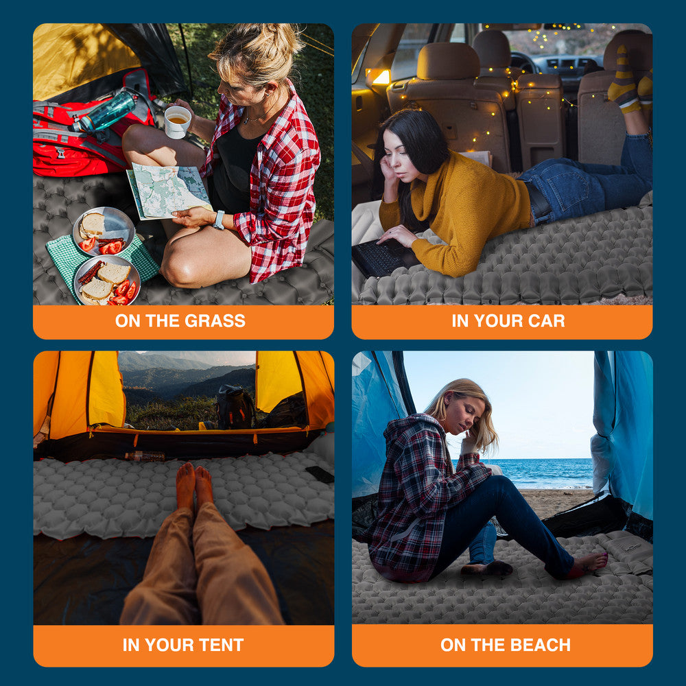 Grey double camping mats linked together – connectable inflatable sleeping pads for group camping