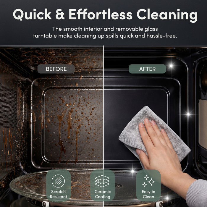 Microwave oven interior before and after cleaning – scratch-resistant ceramic coating, easy to clean