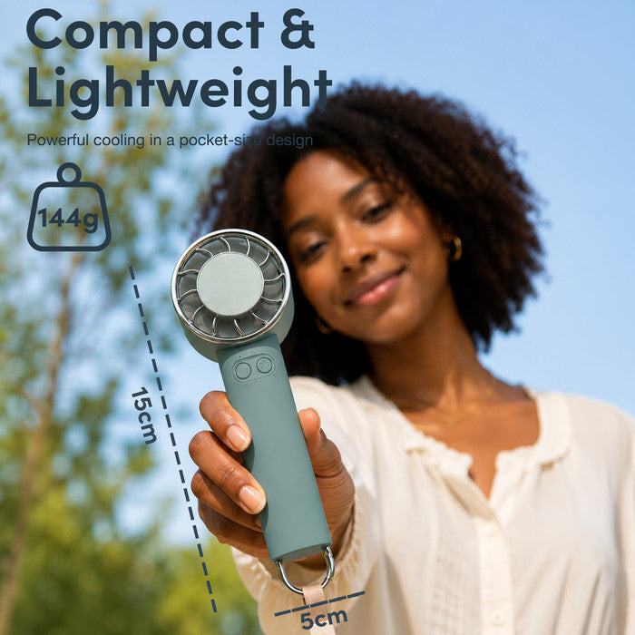 Compact lightweight haze green handheld fan – 144g, 15cm tall, 5cm wide