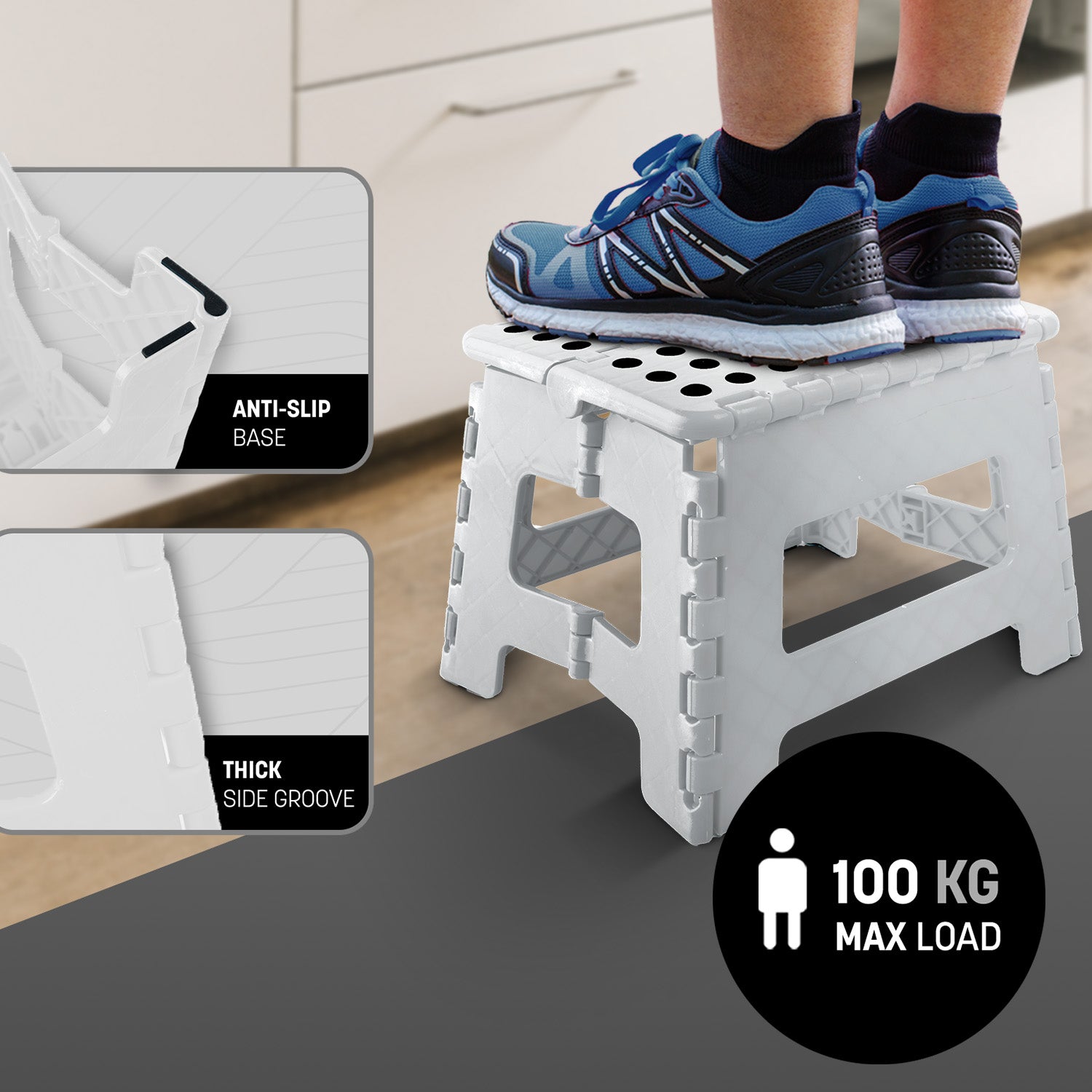 Grey step stool 150kg load capacity – heavy duty safe folding design