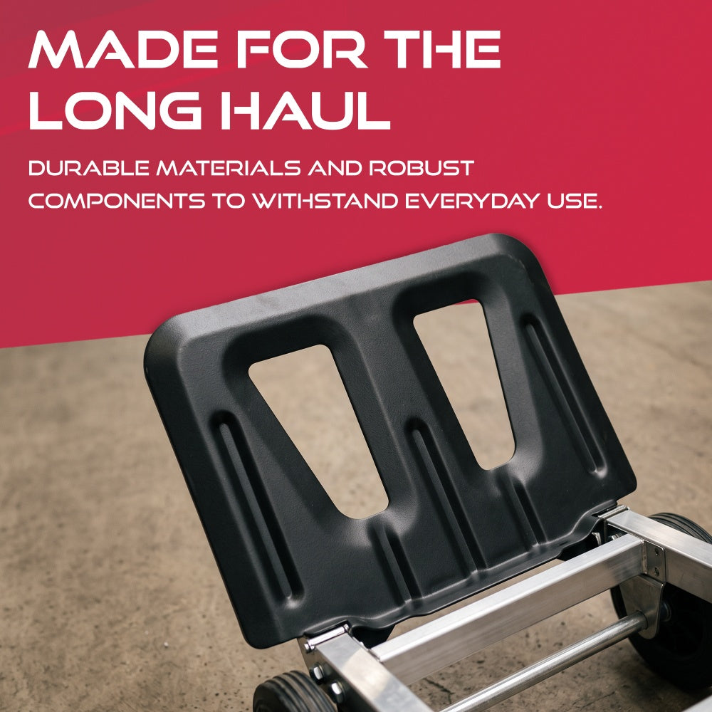 Moulded black base plate of the Haltons folding hand truck tilted up above the aluminium frame