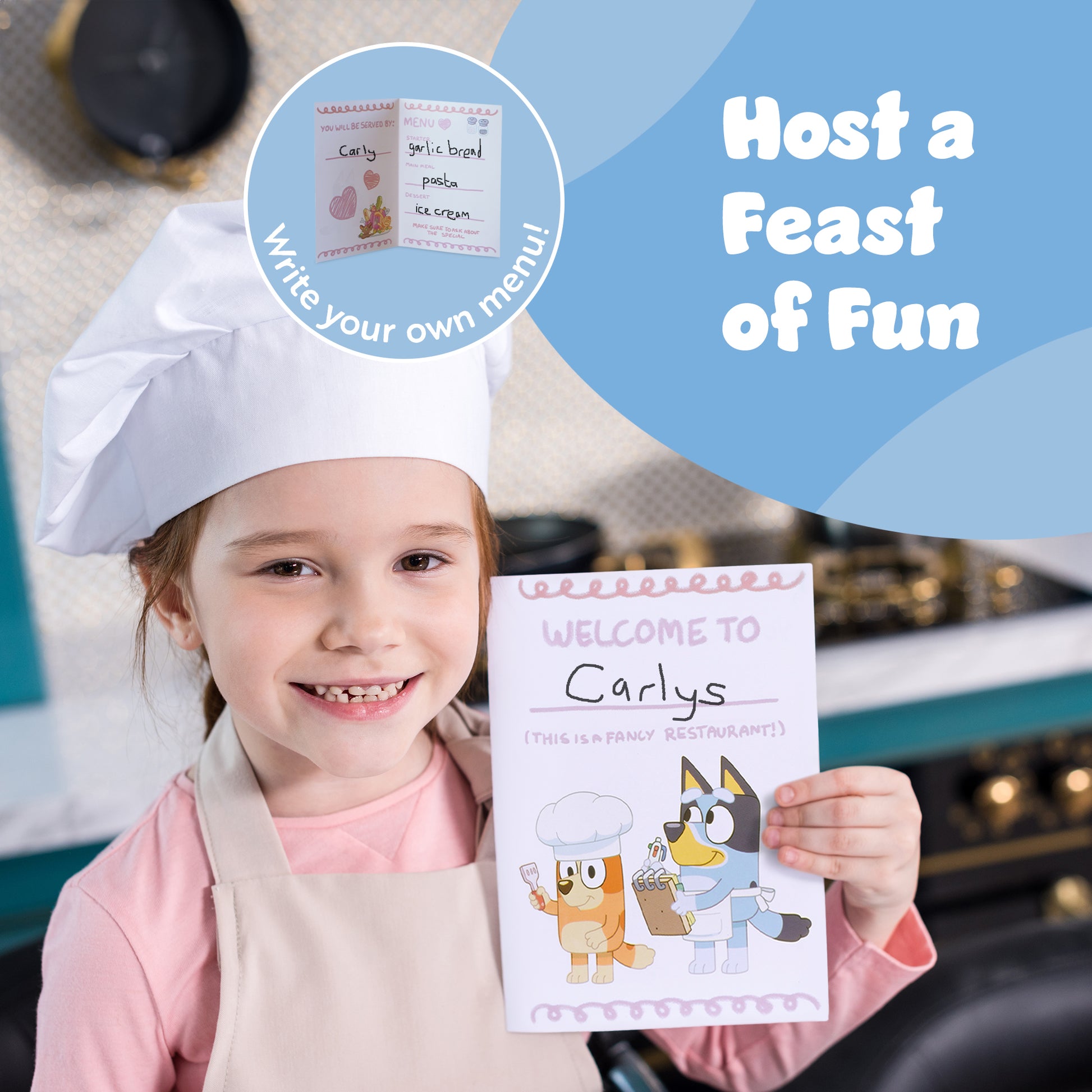 Bluey wooden toy set with serviettes, plates and utensils – pretend dinner party playset for kids