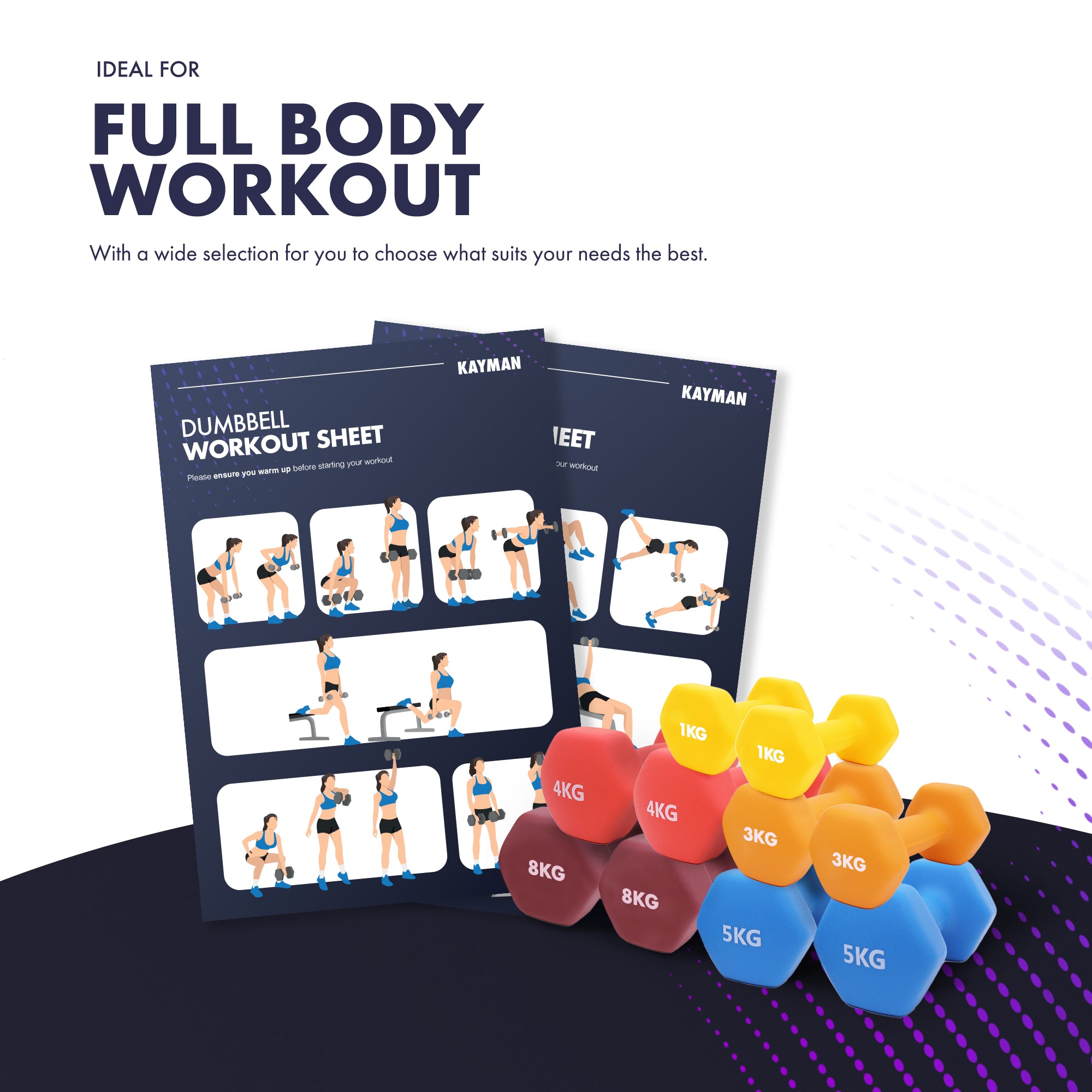 KAYMAN Neoprene Dumbbell Pair with Anti-Slip Grip, Hex Edges, Water-Resistant Surface & Workout Poster Guide - Weight Set for Home, Gym & Fitness Training Equipment (1kg 2kg 3kg 4kg 5kg 6kg 8kg 10kg)