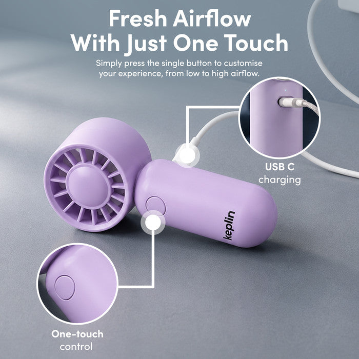 KEPLIN mini fan one-touch speed control button and USB-C fast charging port close-up