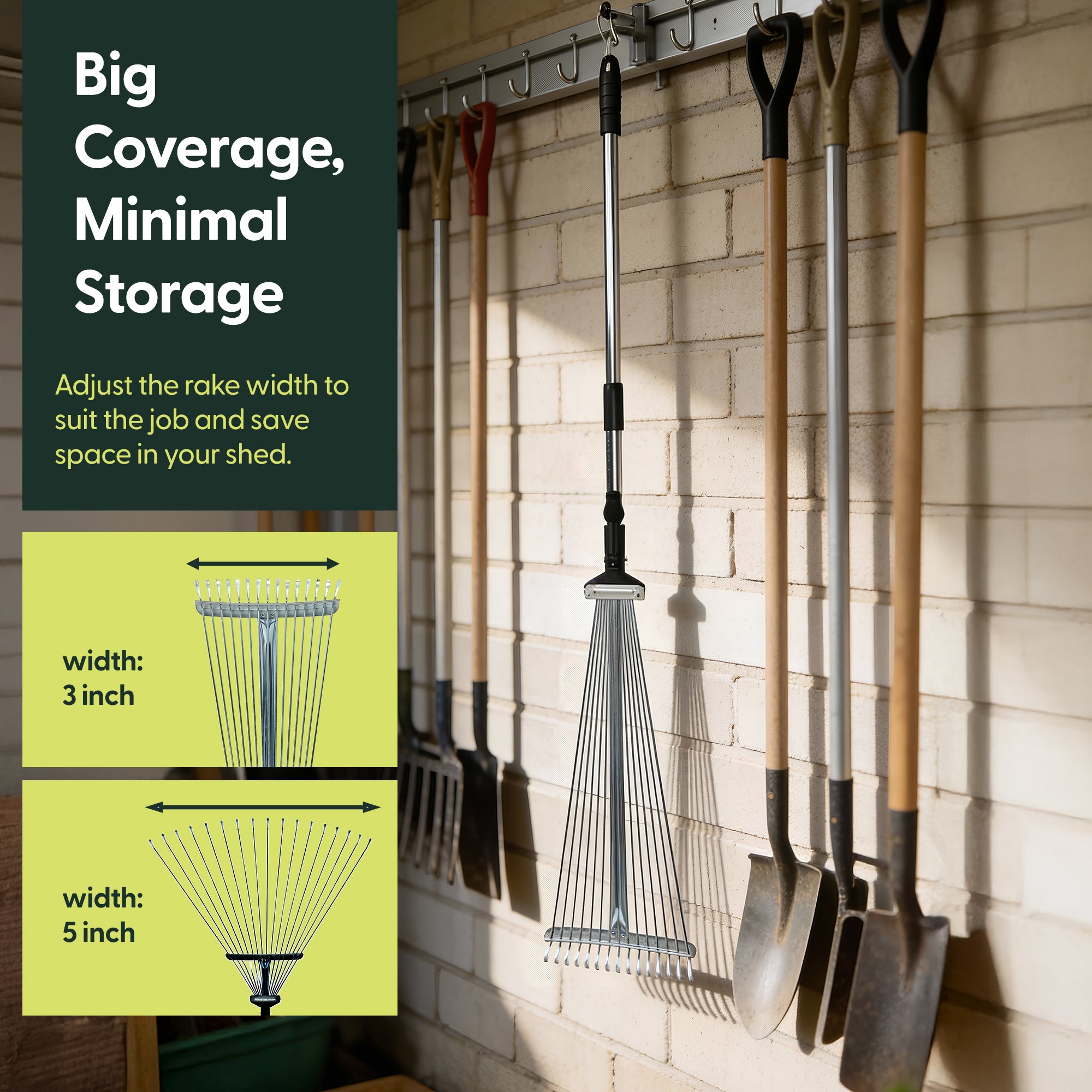 Keplin Garden Rake with Telescopic Handle – 80 to 160cm Adjustable Rake, 15 Tine Expanding Metal Rake for Leaves, Lawn, Yard & Soil Cleanup, Foldable Space-Saving Design, Versatile Garden Tool