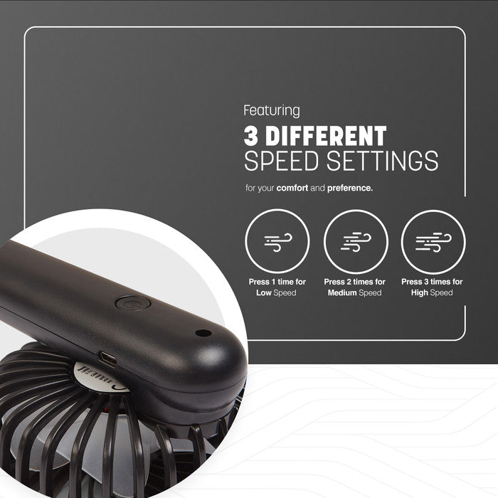 Keplin black handheld fan 3 speed settings — low, medium and high — with USB charging port close-up