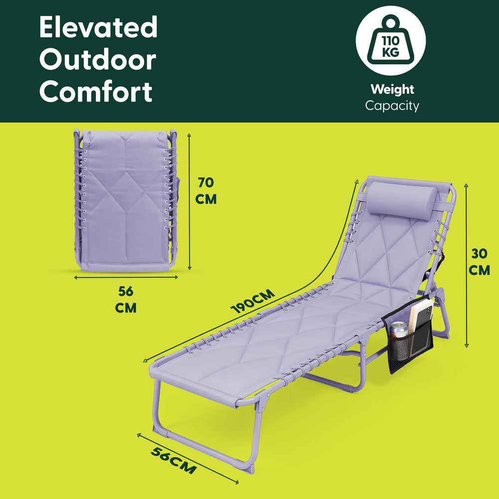 Lilac Foldable Sun Lounger Folded Compact – Portable Padded Garden Lounger Easy Storage