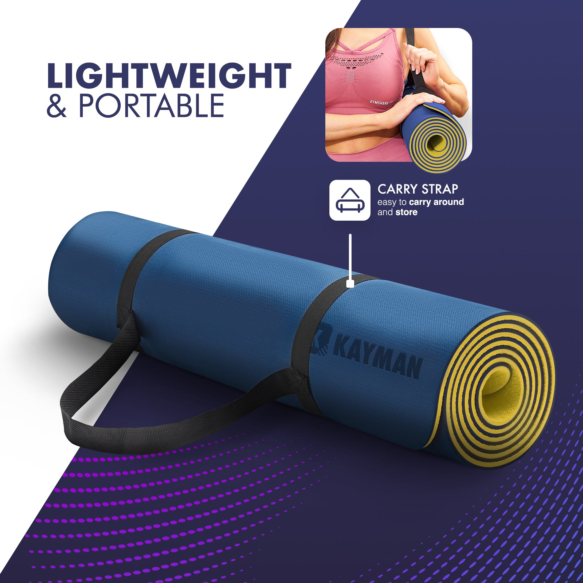 KAYMAN Yoga & Exercise Mat with Carry Strap, Large Non-Slip Comfortable Training & Workout Floor Mat for Home or Outdoor, Gym, Pilates, Gymnastics, HiiT, Stretching & Meditation