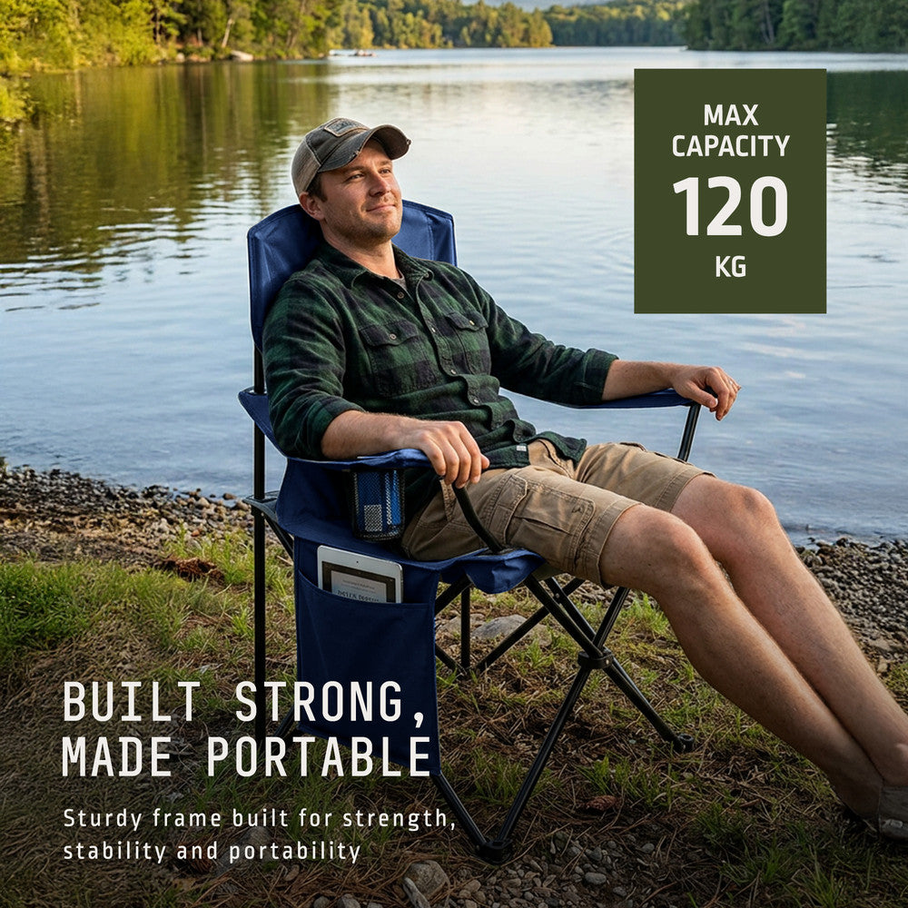 Navy folding camping chairs with side storage pocket – holds phone, book or magazine for outdoor comfort