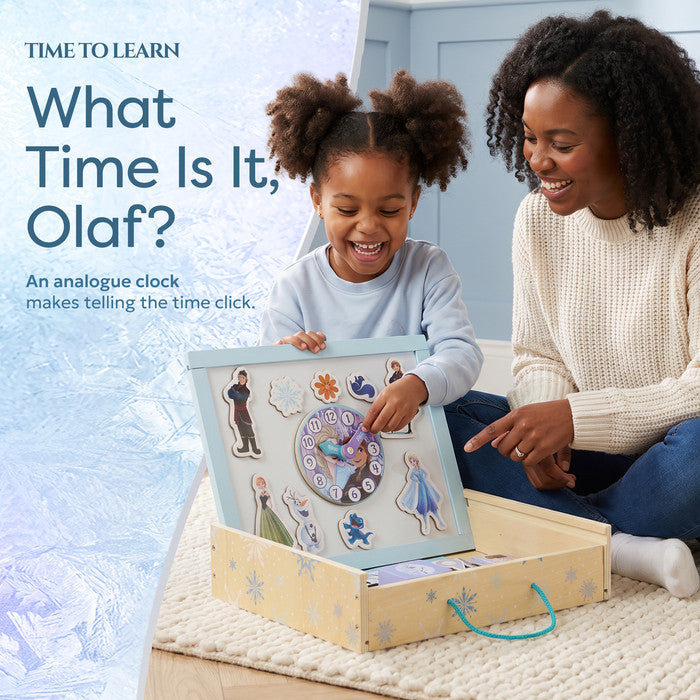 Child learning to tell the time with Frozen analogue clock and mum - learning clock for kids