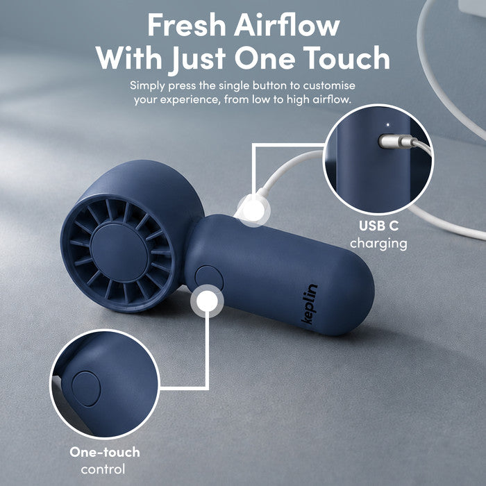KEPLIN mini fan one-touch speed control button and USB-C fast charging port close-up