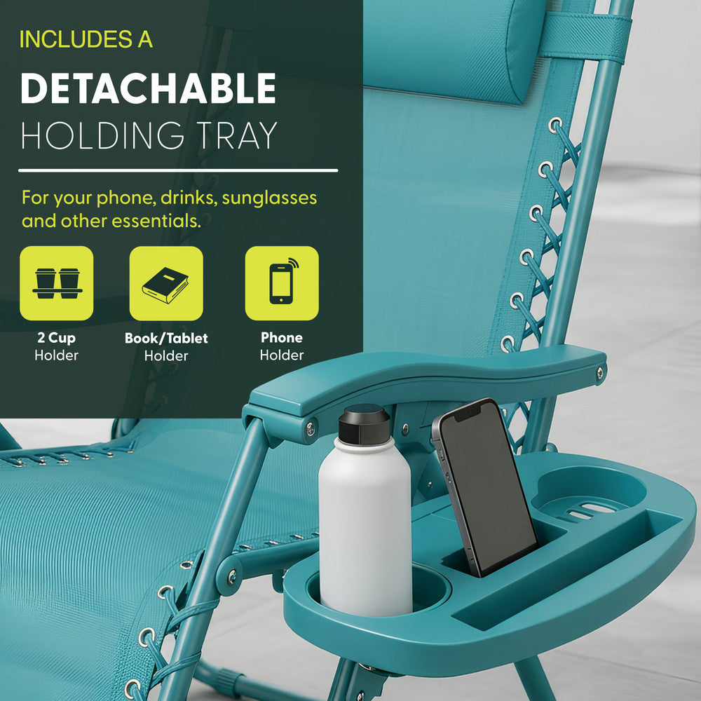 KEPLIN Set of 2 Heavy Duty Monocolour and Basic Textoline Zero Gravity Chairs for Garden Light Reclining Patio Sun loungers Easy to Clean Adjustable Head Rest Foldable with Cup & Phone Holder