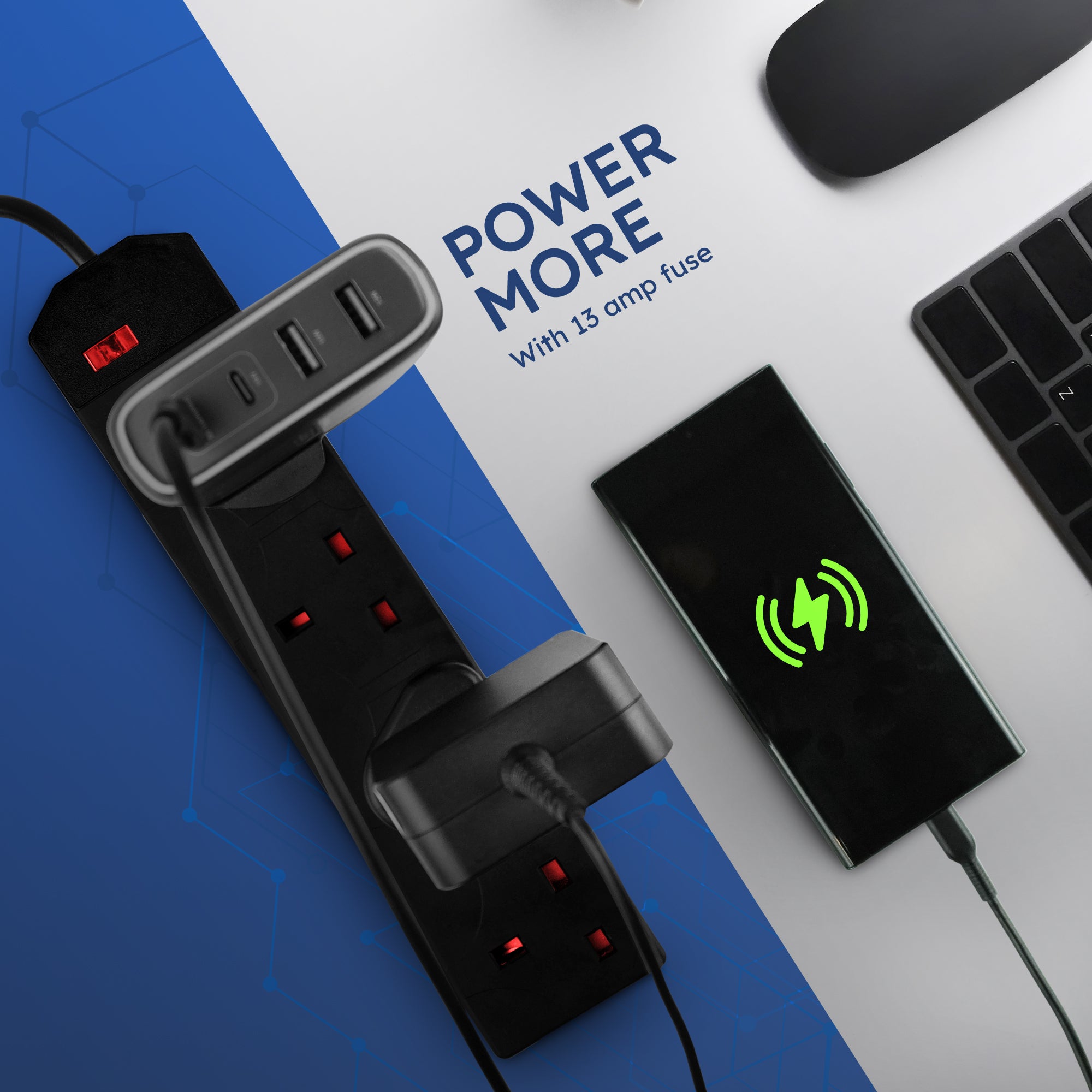 Desiretech Electric Extension Lead - 4 Gang, UK Plug & 3 Pin Socket - Wall Mountable & Multi Socket Mains Strip for Home, Bedroom, Kitchen, & Office (1 Pack)