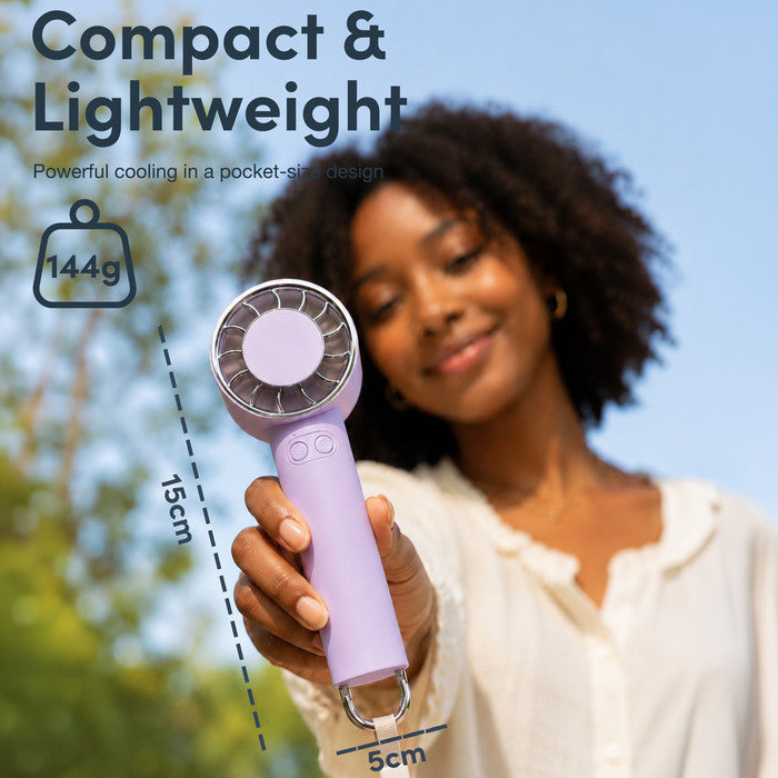 Compact lightweight lavender handheld fan – 144g, 15cm tall, 5cm wide