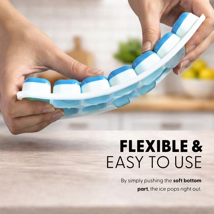 Hands bending flexible blue Keplin silicone ice cube tray to release ice cubes, easy-release soft bottom push-out design