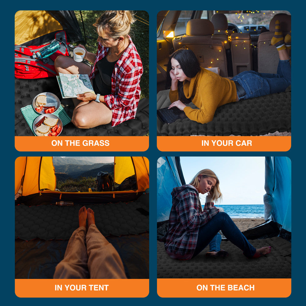 Camper resting on black double inflatable sleeping mat – wide camping mat ideal for festivals UK