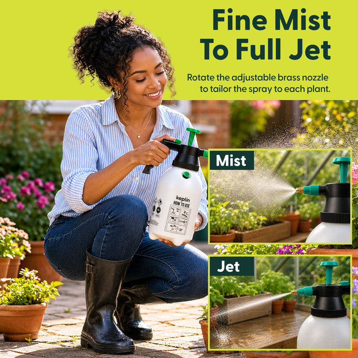 Woman using 2L garden sprayer showing fine mist and full jet spray settings