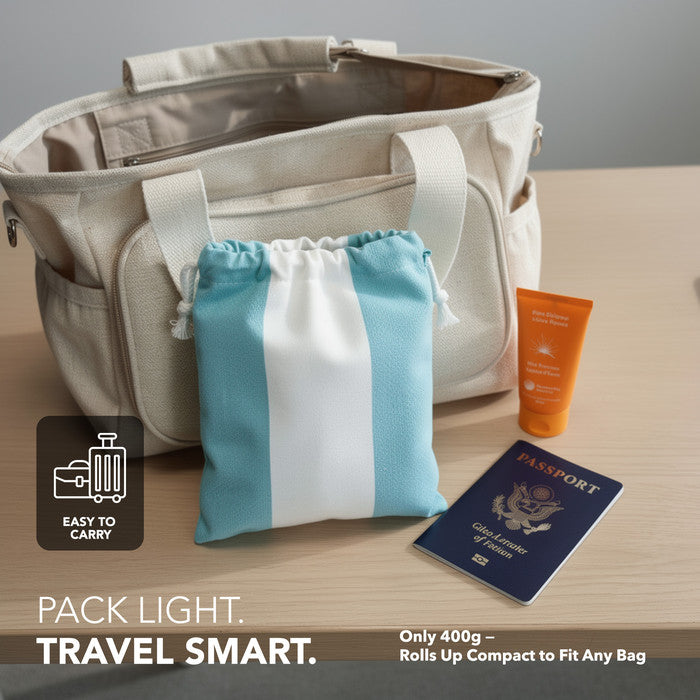 Aqua beach towel rolled into compact bundle – lightweight towel for travel bag