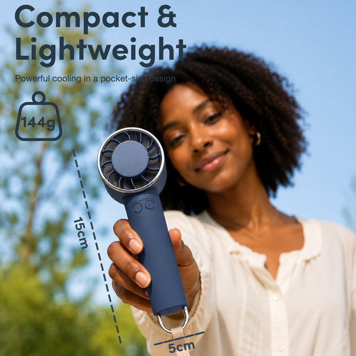 Compact lightweight midnight blue handheld fan – 144g, 15cm tall, 5cm wide