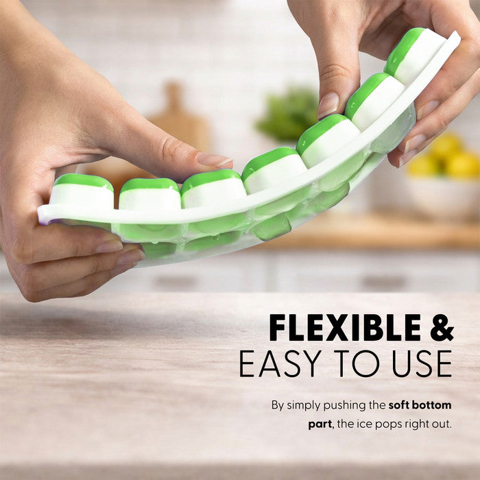 Hands bending flexible green Keplin silicone ice cube tray to release ice cubes, easy-release soft bottom push-out design